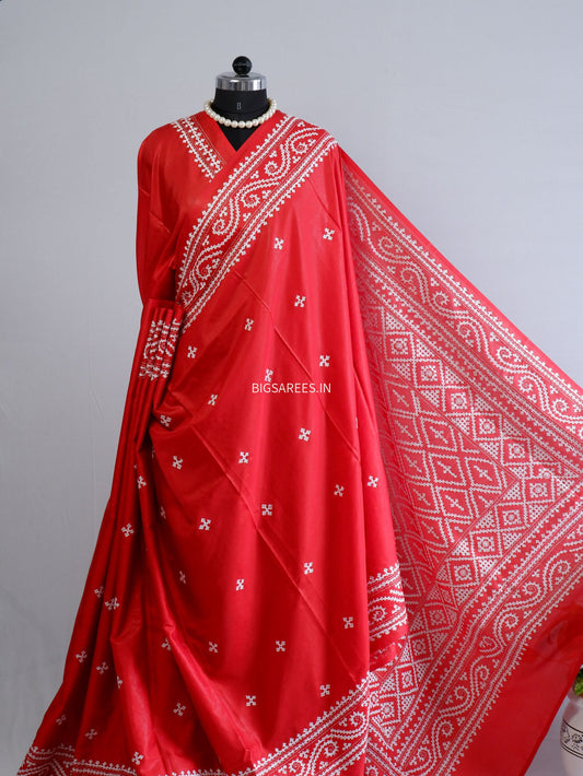 Kutchi/Gujarati Hand Embroidered Saree  | Blended Bangalore Silk / Art Silk | Red