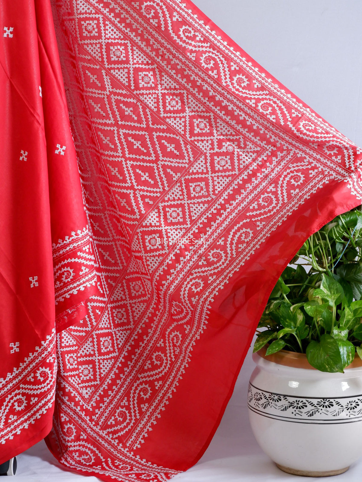 Kutchi/Gujarati Hand Embroidered Saree  | Blended Bangalore Silk / Art Silk | Red