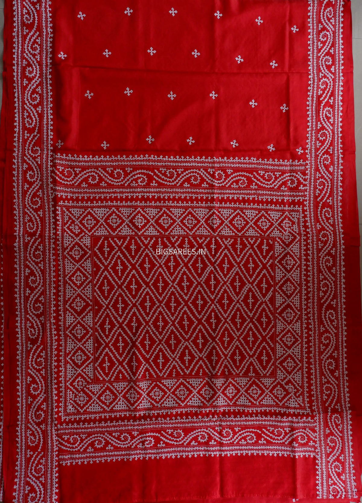 Kutchi/Gujarati Hand Embroidered Saree  | Blended Bangalore Silk / Art Silk | Red