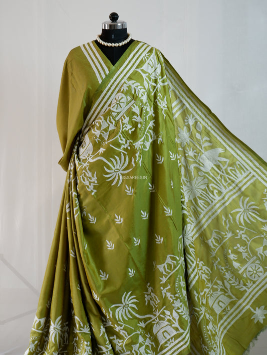 Kantha - Stitch Hand Embroidered Saree | Blended Bangalore Silk / Art Silk | Green