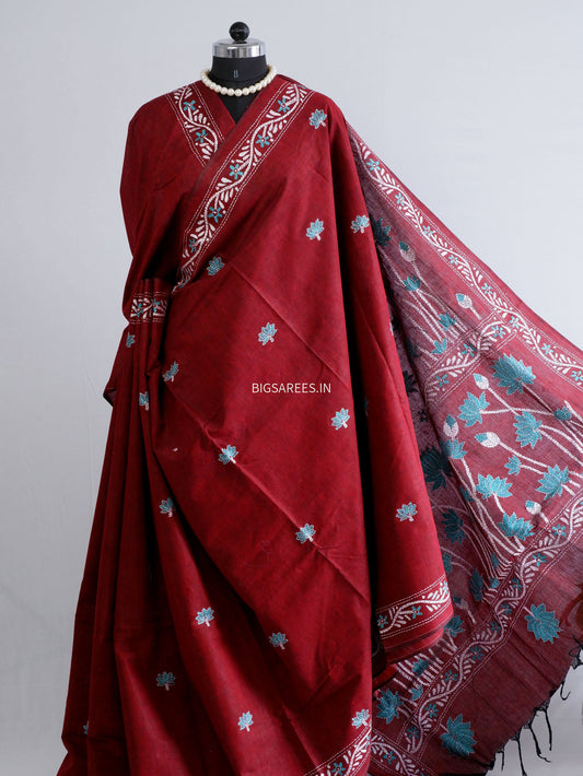 Kantha Stitch Hand-Embroidered Saree | Khadi Cotton | Maroon