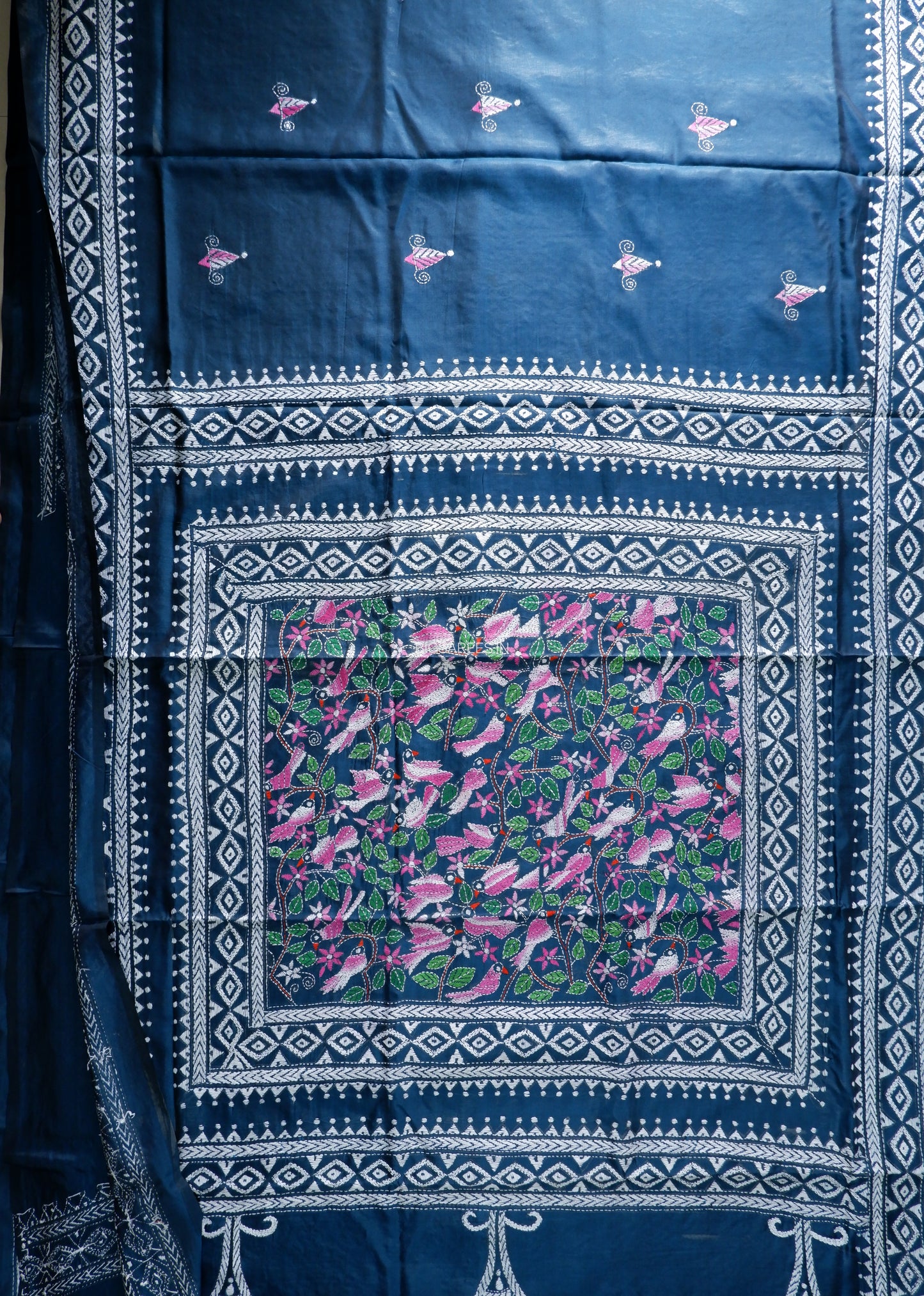 Kantha-Stitch Hand Embroidered Saree | Blended Bangalore Silk / Art Silk | Deep Blue