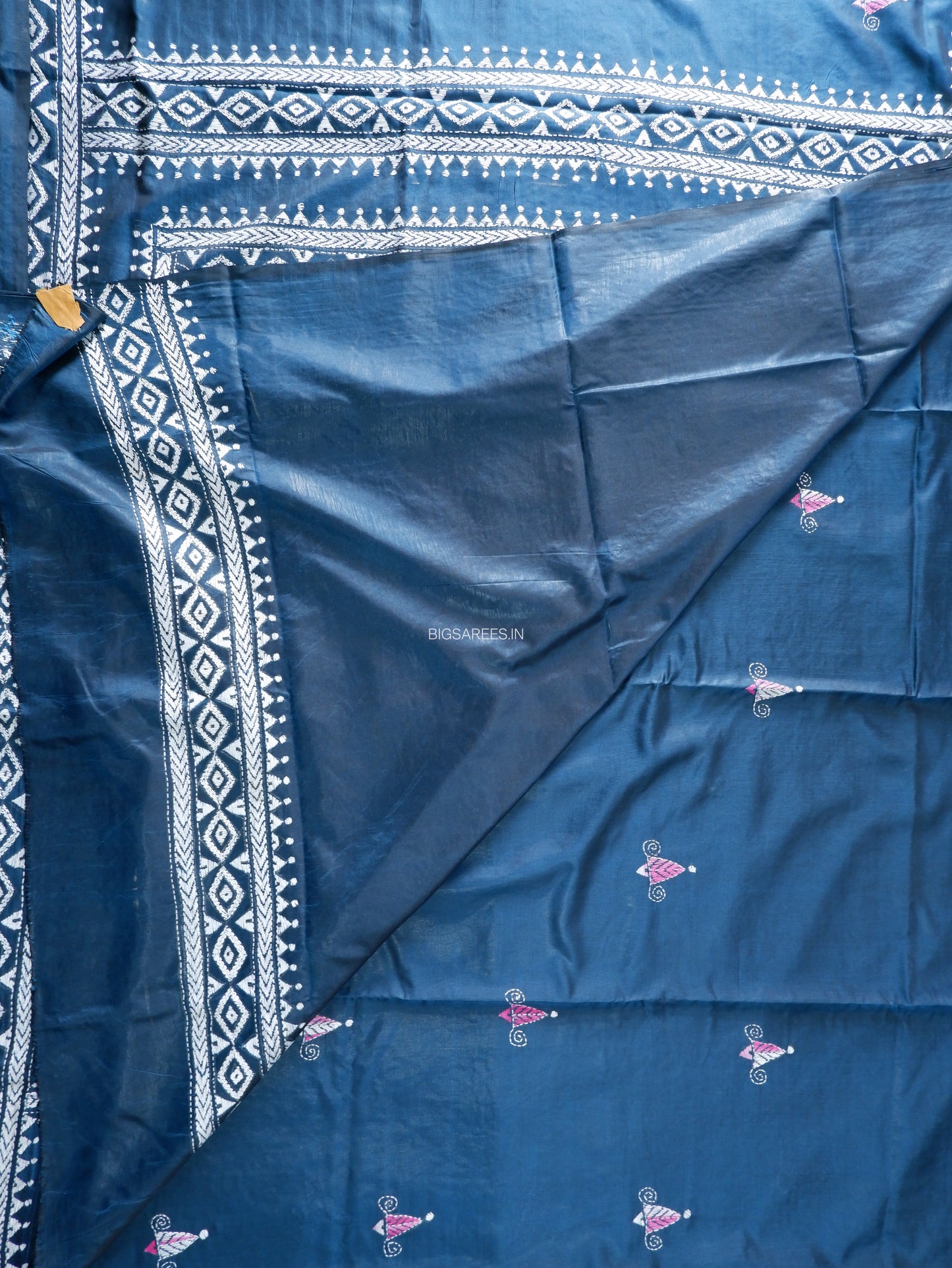 Kantha-Stitch Hand Embroidered Saree | Blended Bangalore Silk / Art Silk | Deep Blue