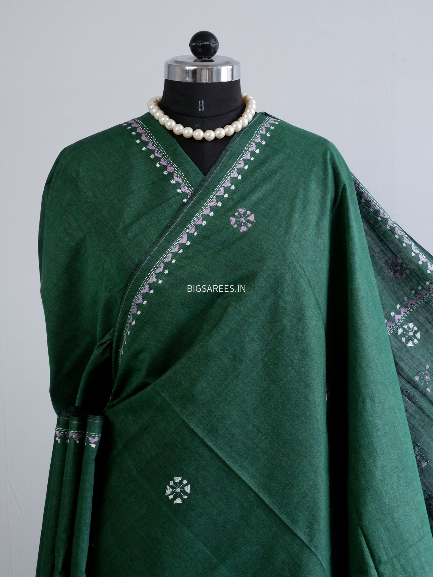 Kantha Stitch Hand-Embroidered Saree | Khadi Cotton | Green