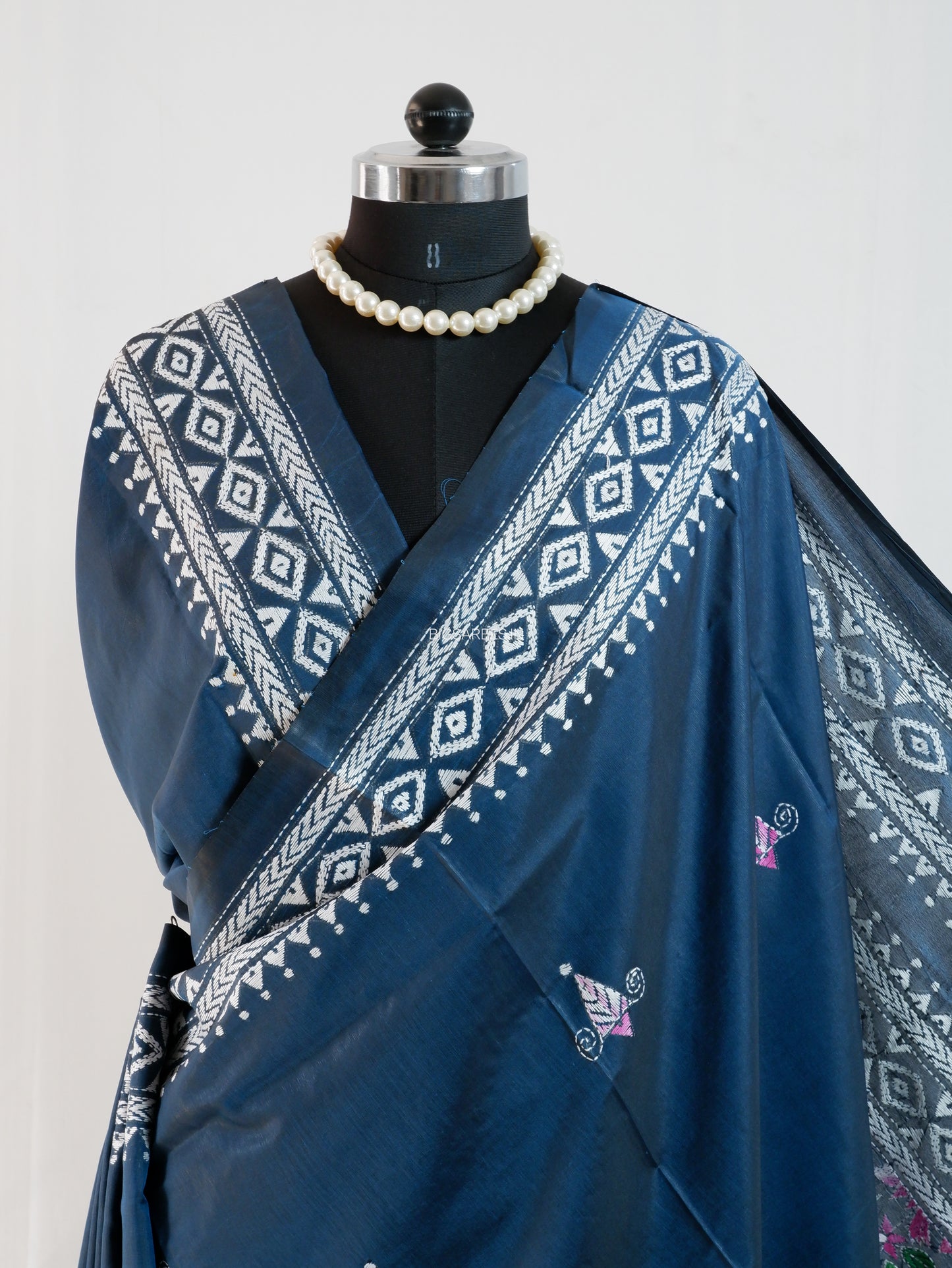 Kantha-Stitch Hand Embroidered Saree | Blended Bangalore Silk / Art Silk | Deep Blue