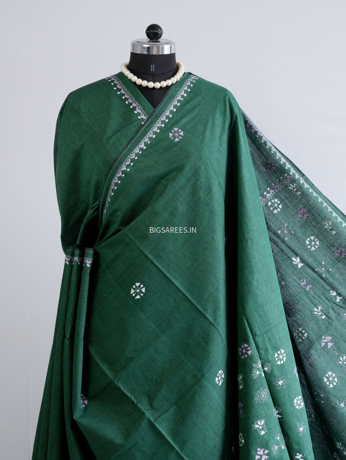 Kantha Stitch Hand-Embroidered Saree | Khadi Cotton | Green