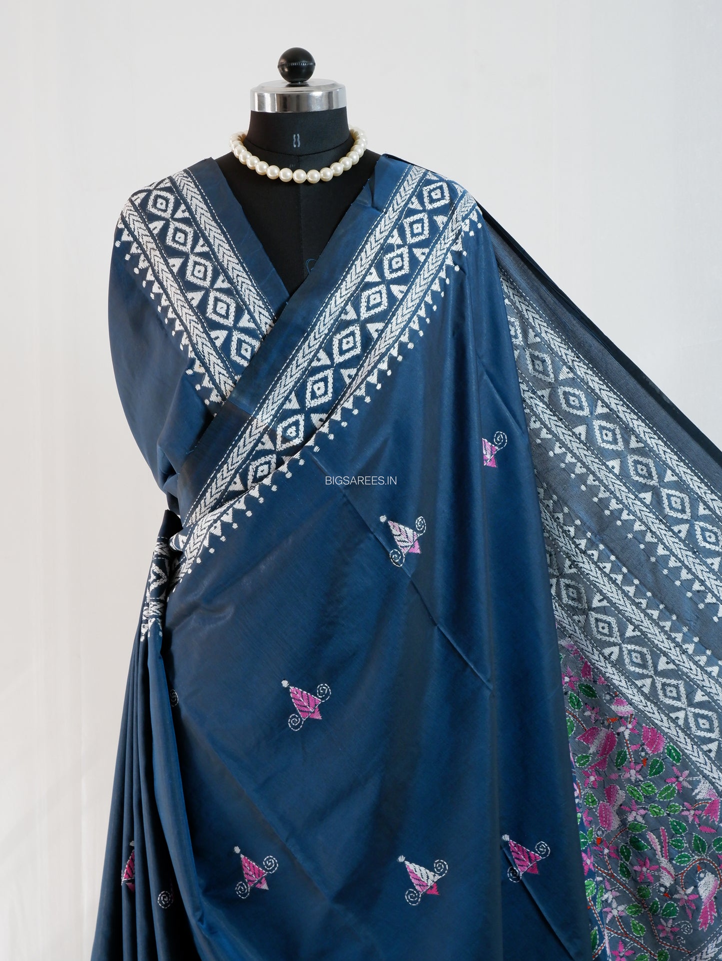 Kantha-Stitch Hand Embroidered Saree | Blended Bangalore Silk / Art Silk | Deep Blue