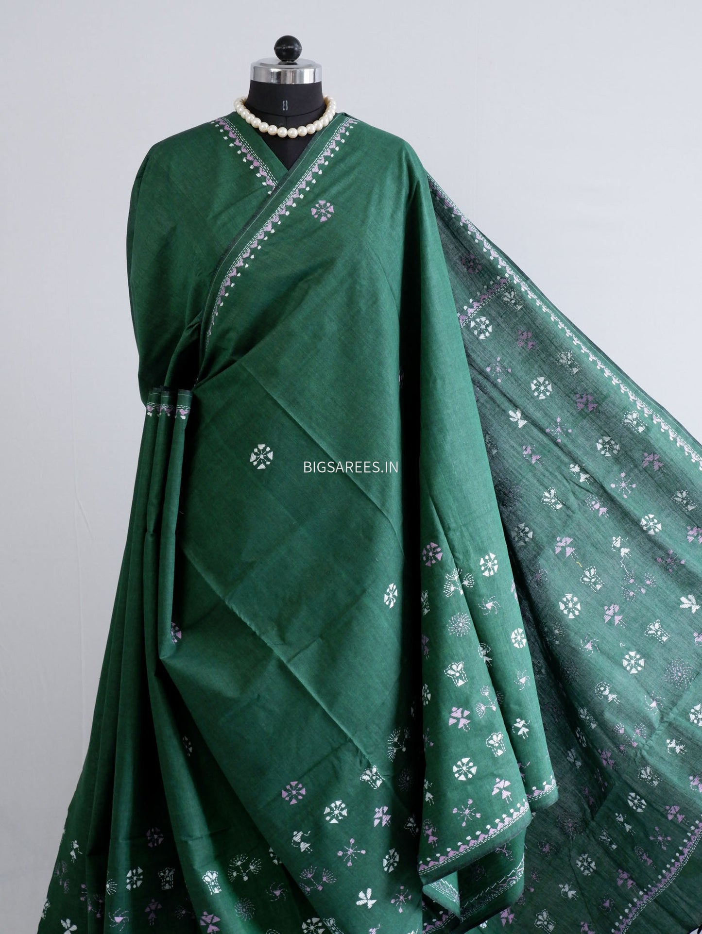 Kantha Stitch Hand-Embroidered Saree | Khadi Cotton | Green