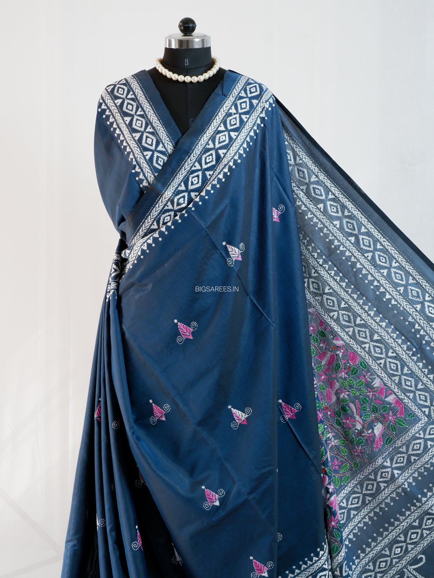 Kantha-Stitch Hand Embroidered Saree | Blended Bangalore Silk / Art Silk | Deep Blue