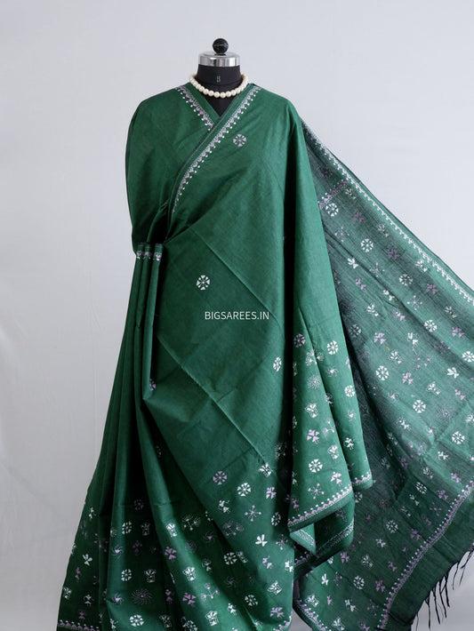 Kantha Stitch Hand-Embroidered Saree | Khadi Cotton | Green