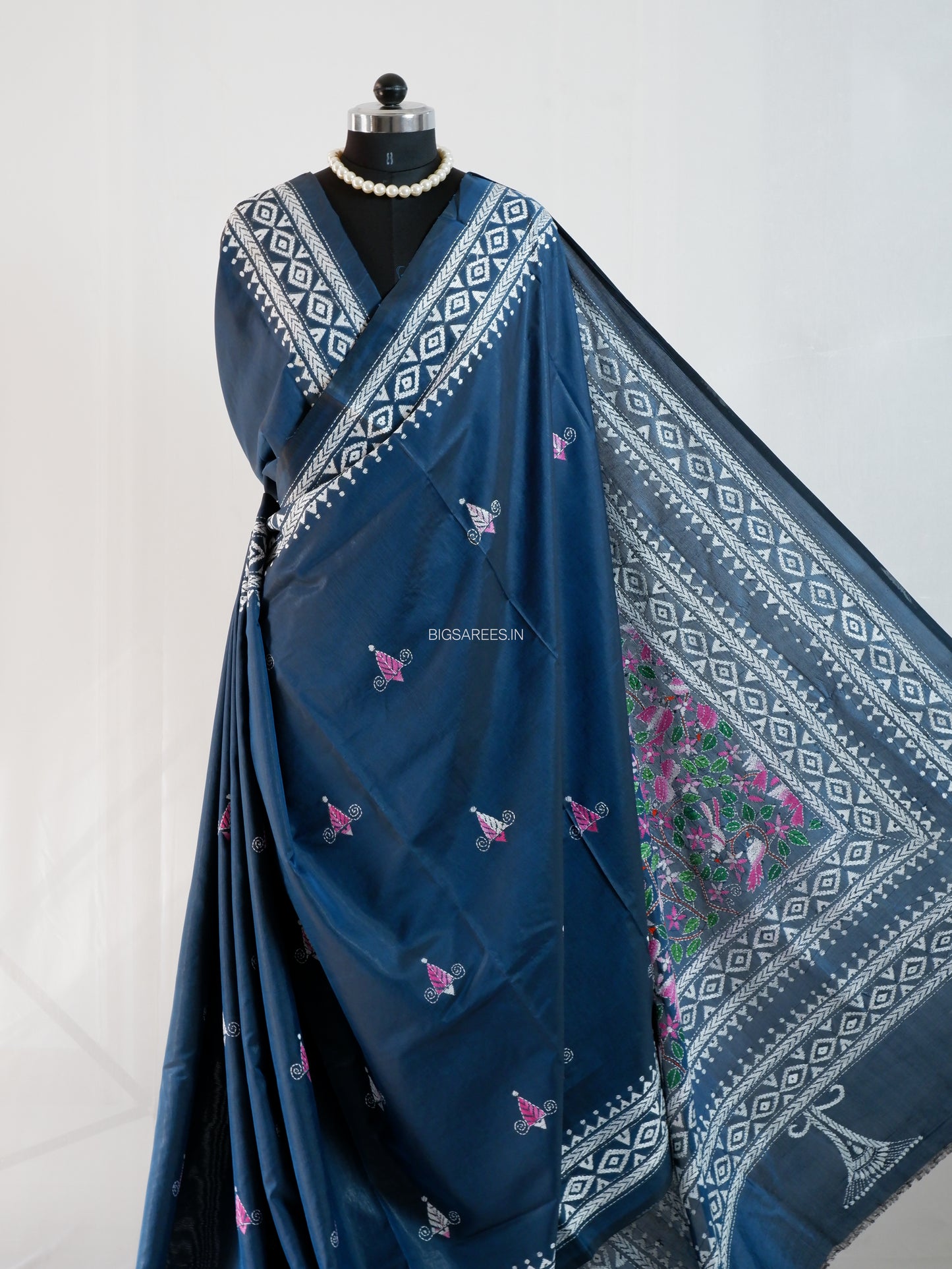 Kantha-Stitch Hand Embroidered Saree | Blended Bangalore Silk / Art Silk | Deep Blue
