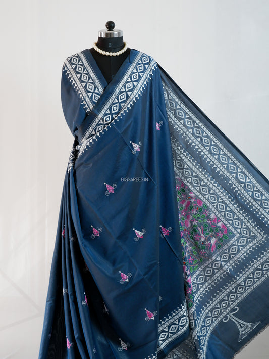 Kantha-Stitch Hand Embroidered Saree | Blended Bangalore Silk / Art Silk | Deep Blue