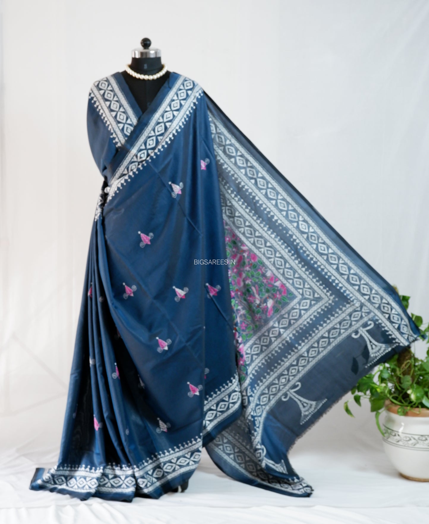 Kantha-Stitch Hand Embroidered Saree | Blended Bangalore Silk / Art Silk | Deep Blue