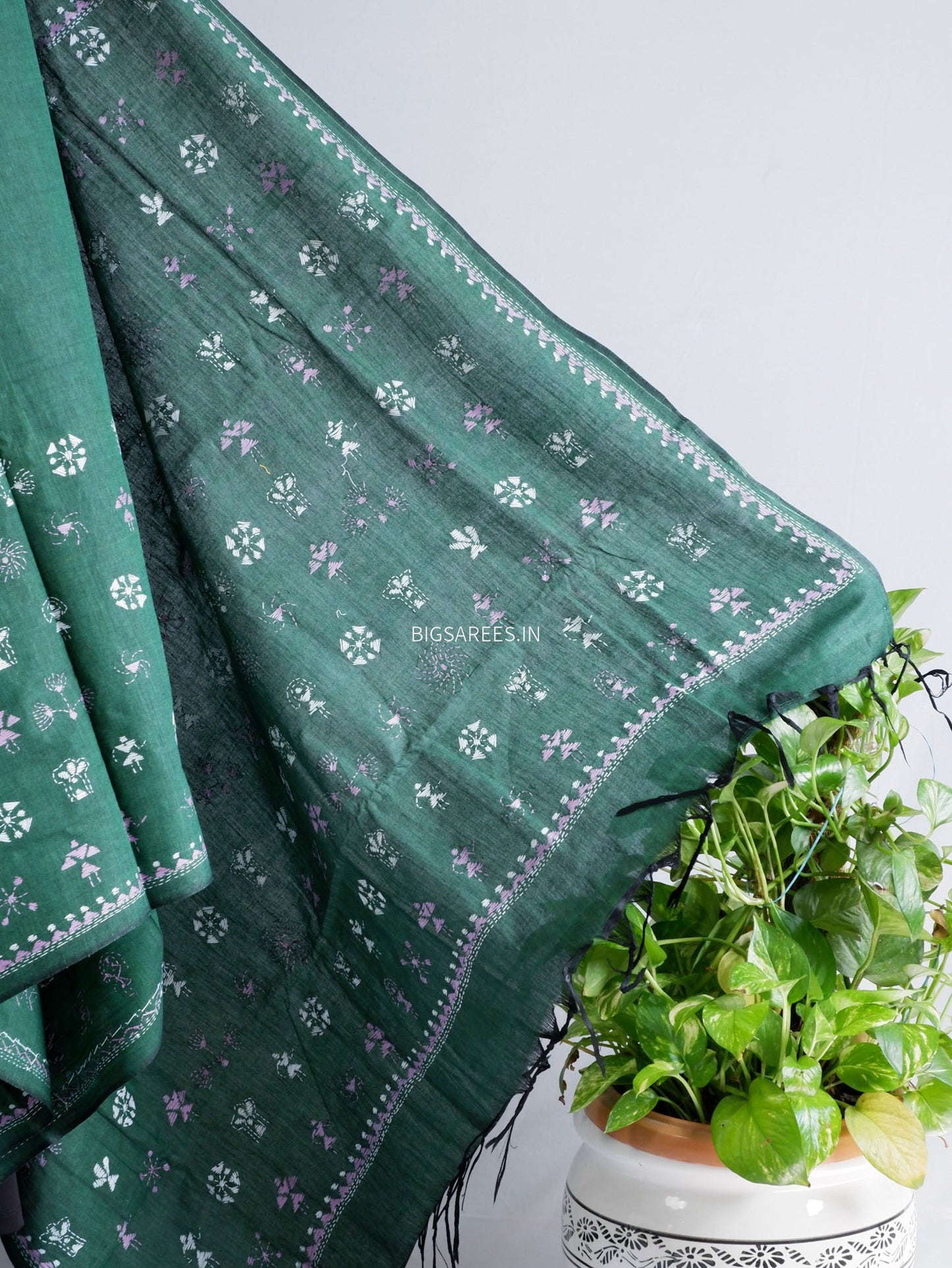 Kantha Stitch Hand-Embroidered Saree | Khadi Cotton | Green