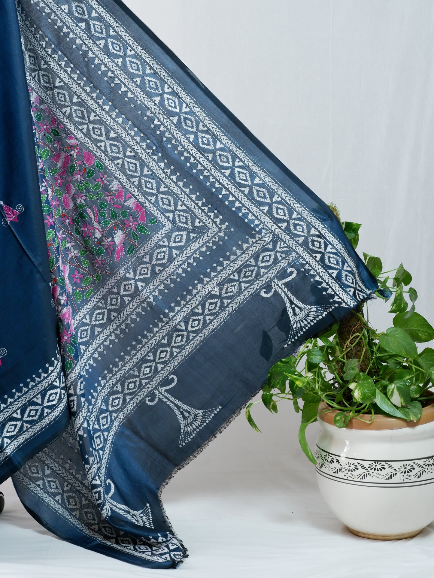 Kantha-Stitch Hand Embroidered Saree | Blended Bangalore Silk / Art Silk | Deep Blue