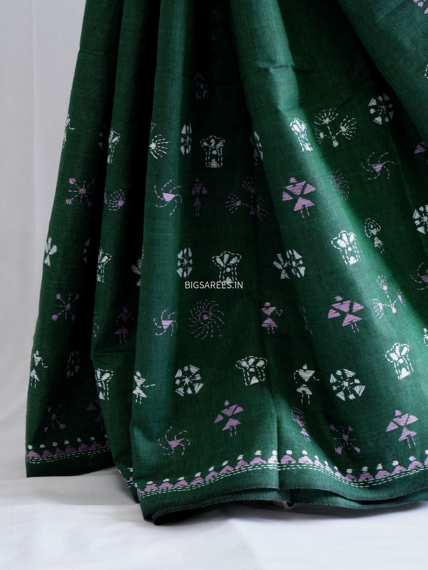 Kantha Stitch Hand-Embroidered Saree | Khadi Cotton | Green