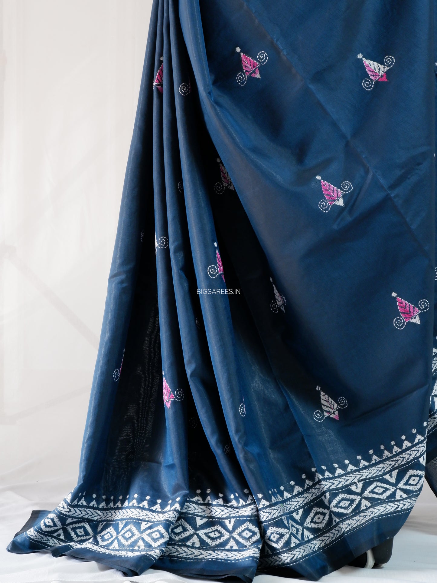 Kantha-Stitch Hand Embroidered Saree | Blended Bangalore Silk / Art Silk | Deep Blue