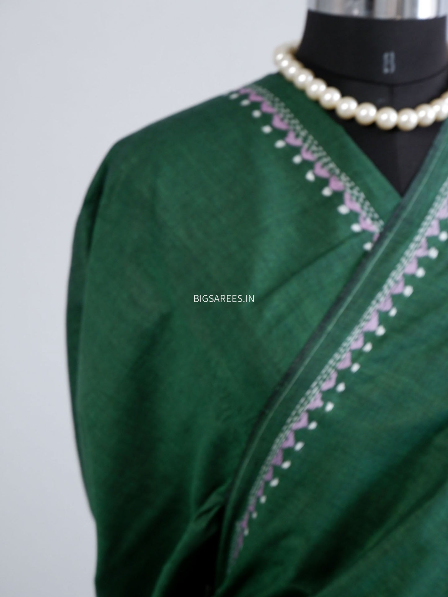 Kantha Stitch Hand-Embroidered Saree | Khadi Cotton | Green