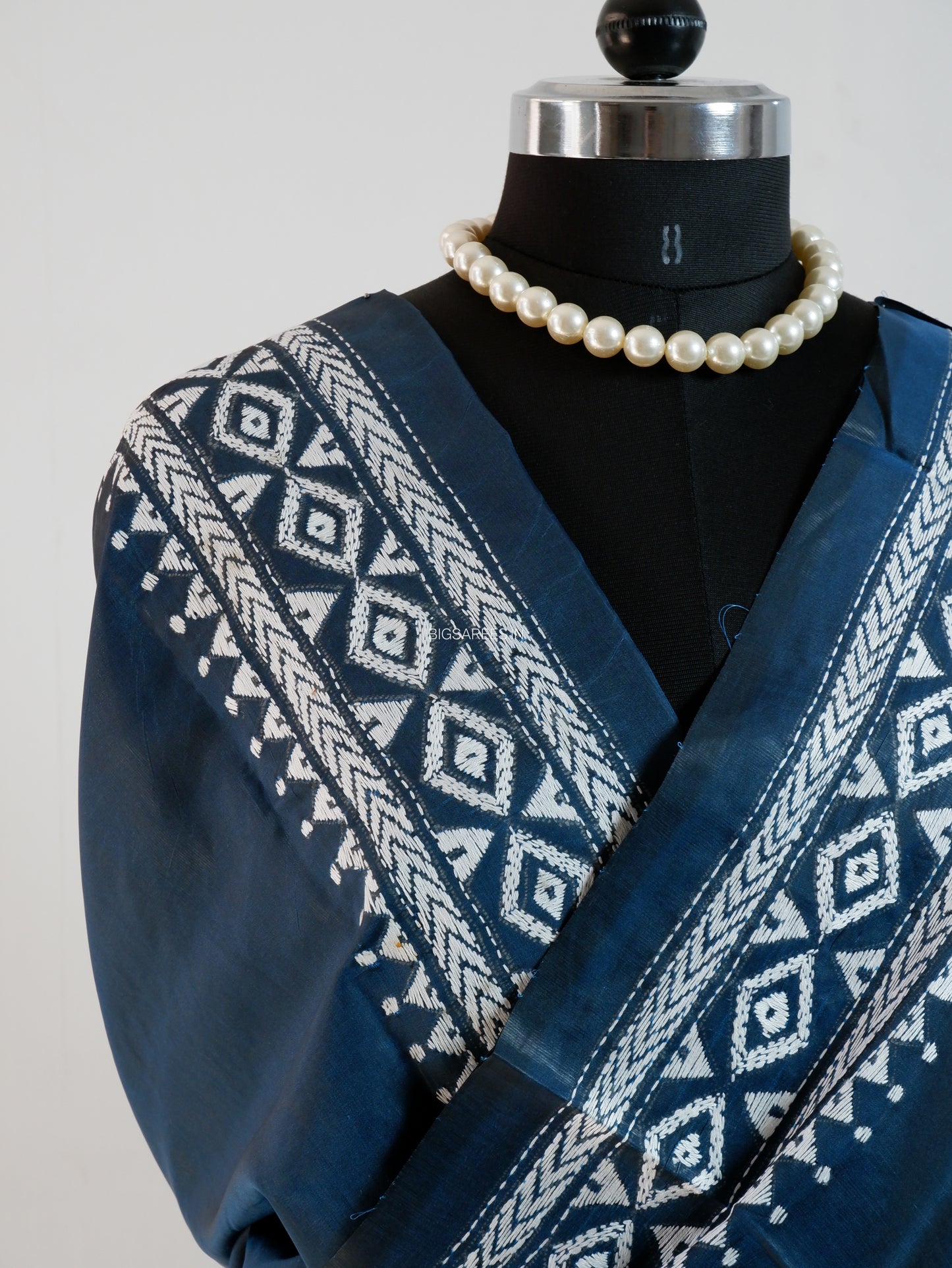 Kantha-Stitch Hand Embroidered Saree | Blended Bangalore Silk / Art Silk | Deep Blue