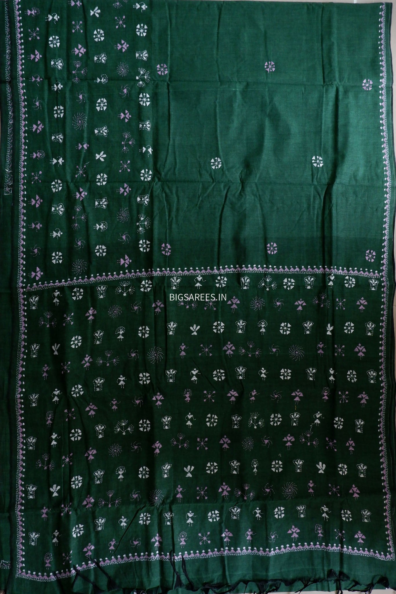 Kantha Stitch Hand-Embroidered Saree | Khadi Cotton | Green
