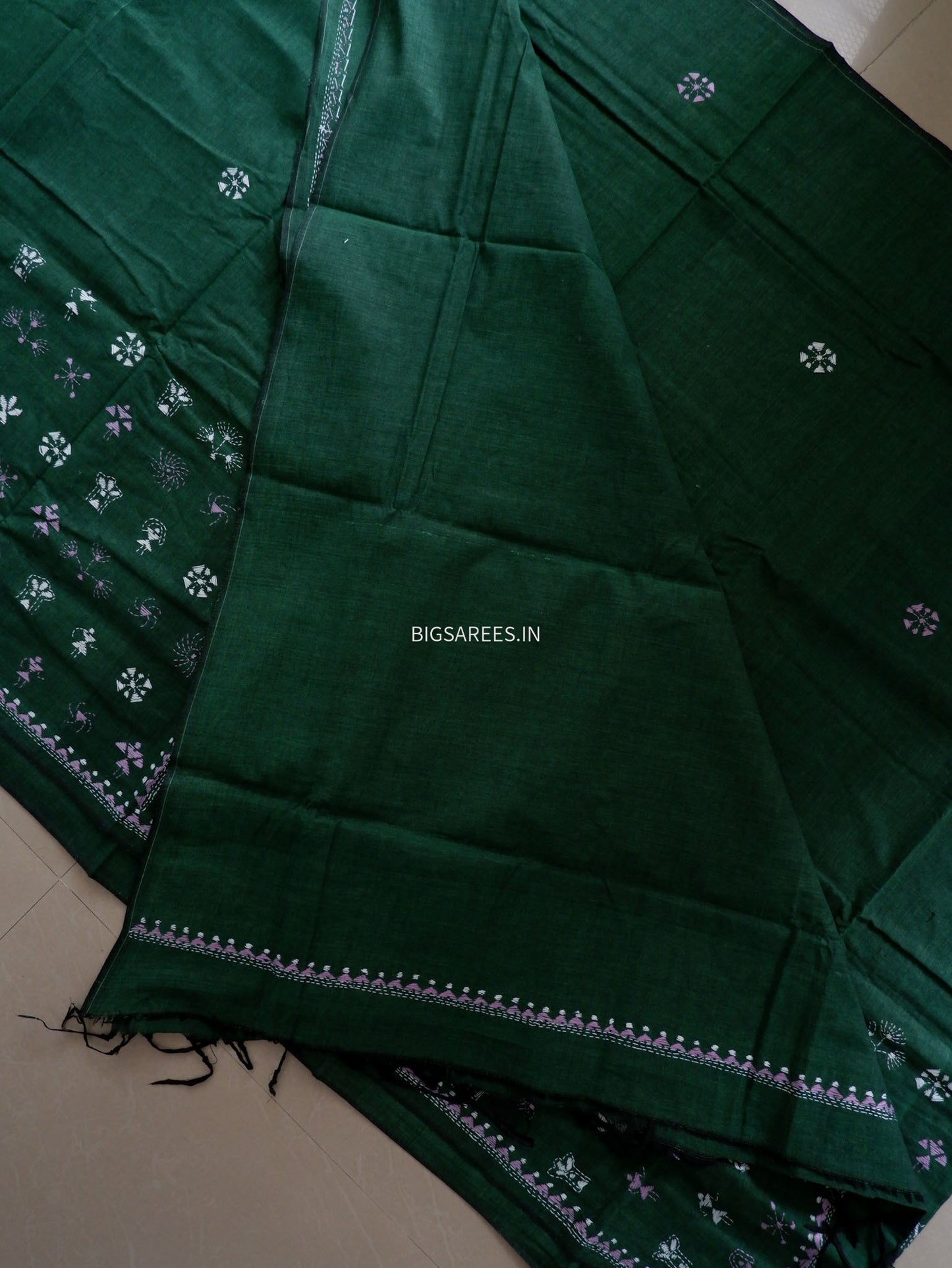 Kantha Stitch Hand-Embroidered Saree | Khadi Cotton | Green