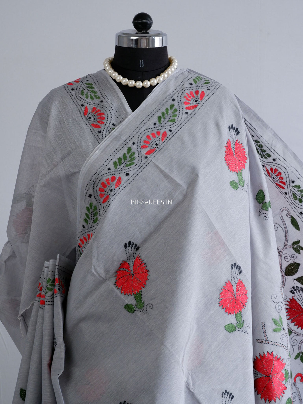 Kantha Stitch Hand-Embroidered Saree | Dhonekhali Cotton | Grey