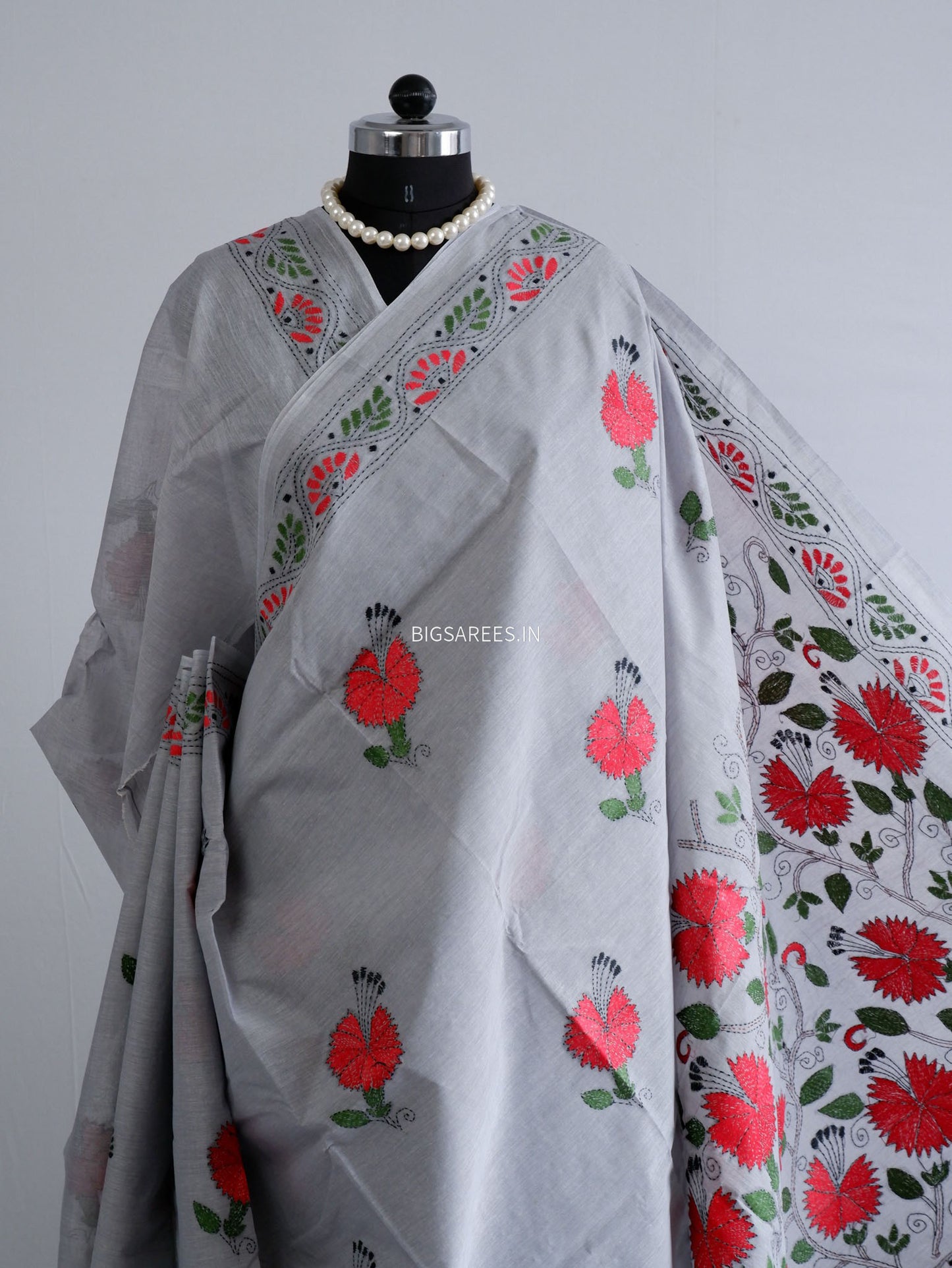 Kantha Stitch Hand-Embroidered Saree | Dhonekhali Cotton | Grey