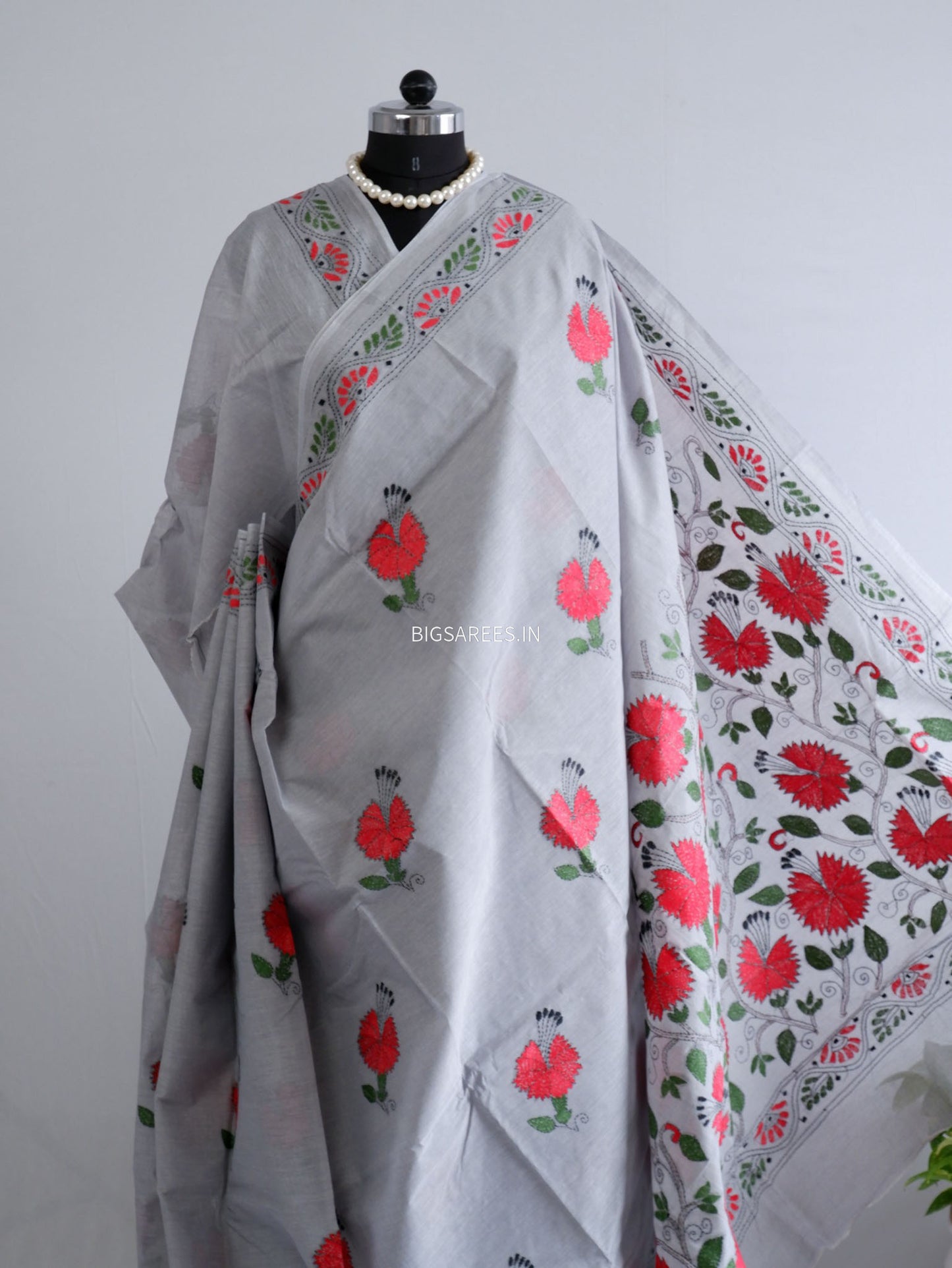 Kantha Stitch Hand-Embroidered Saree | Dhonekhali Cotton | Grey