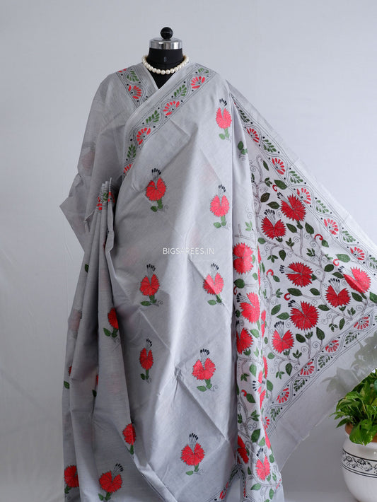 Kantha Stitch Hand-Embroidered Saree | Khadi Cotton | Grey