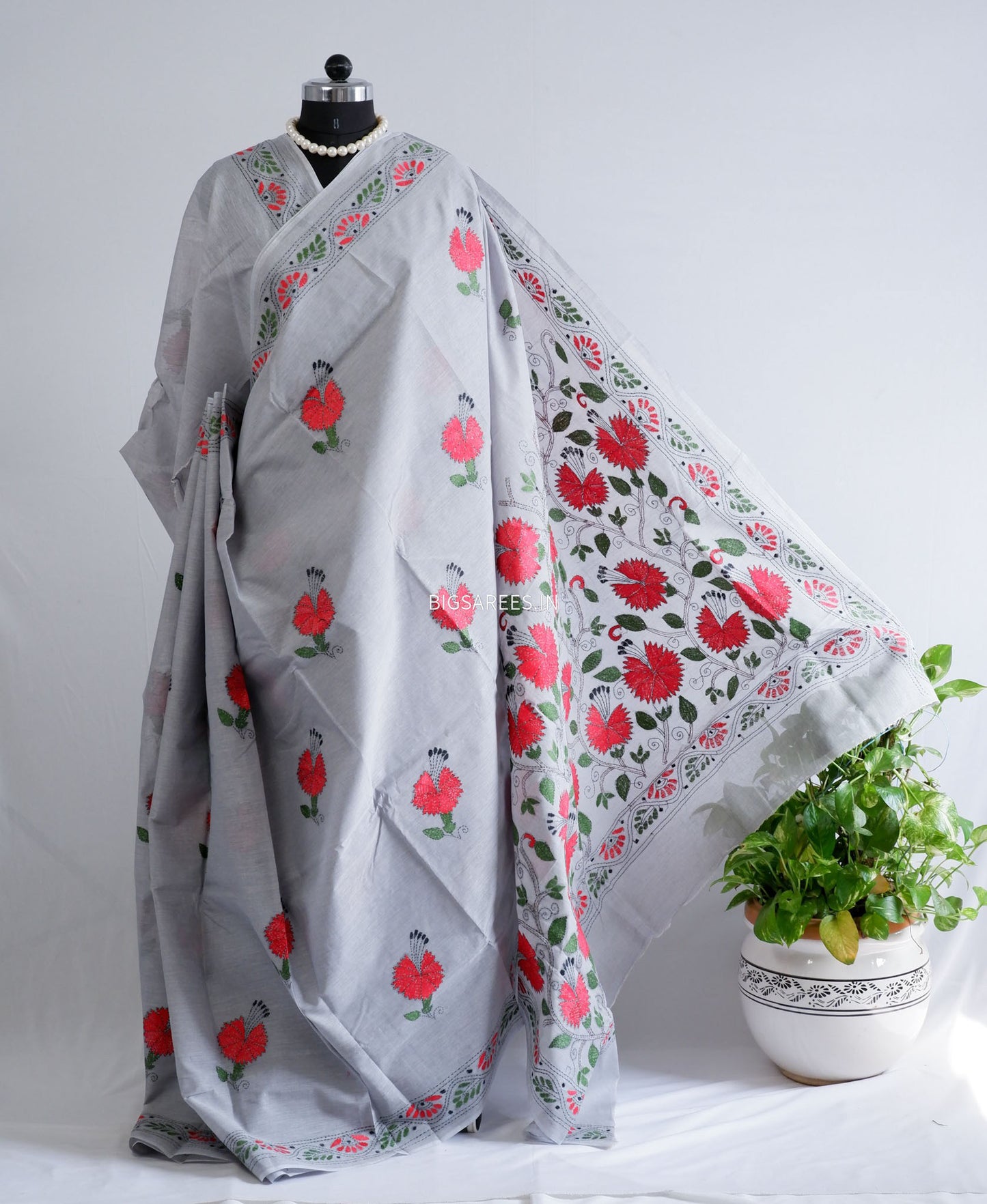 Kantha Stitch Hand-Embroidered Saree | Dhonekhali Cotton | Grey