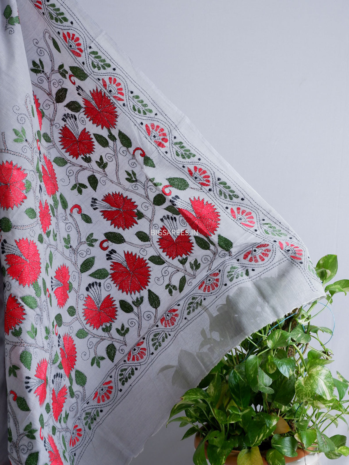 Kantha Stitch Hand-Embroidered Saree | Dhonekhali Cotton | Grey