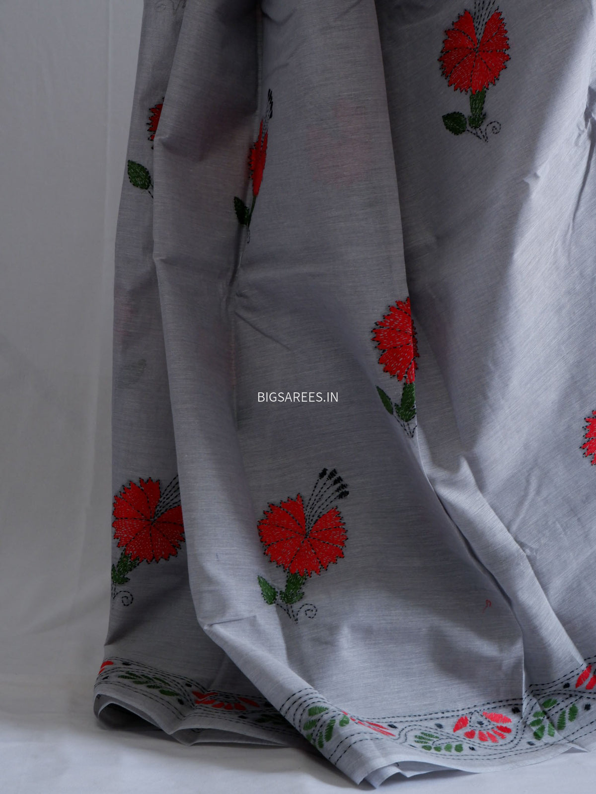 Kantha Stitch Hand-Embroidered Saree | Dhonekhali Cotton | Grey