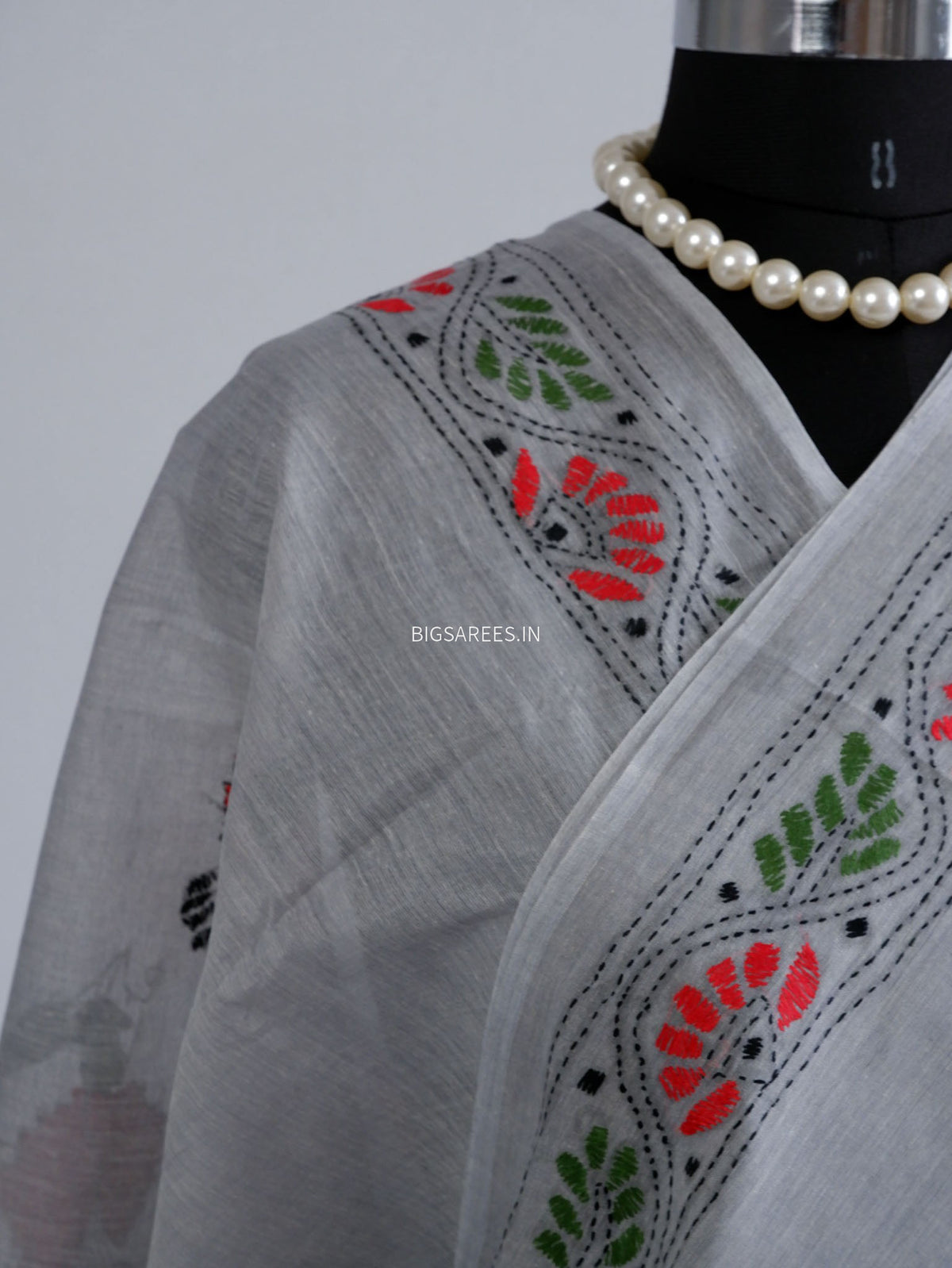 Kantha Stitch Hand-Embroidered Saree | Dhonekhali Cotton | Grey