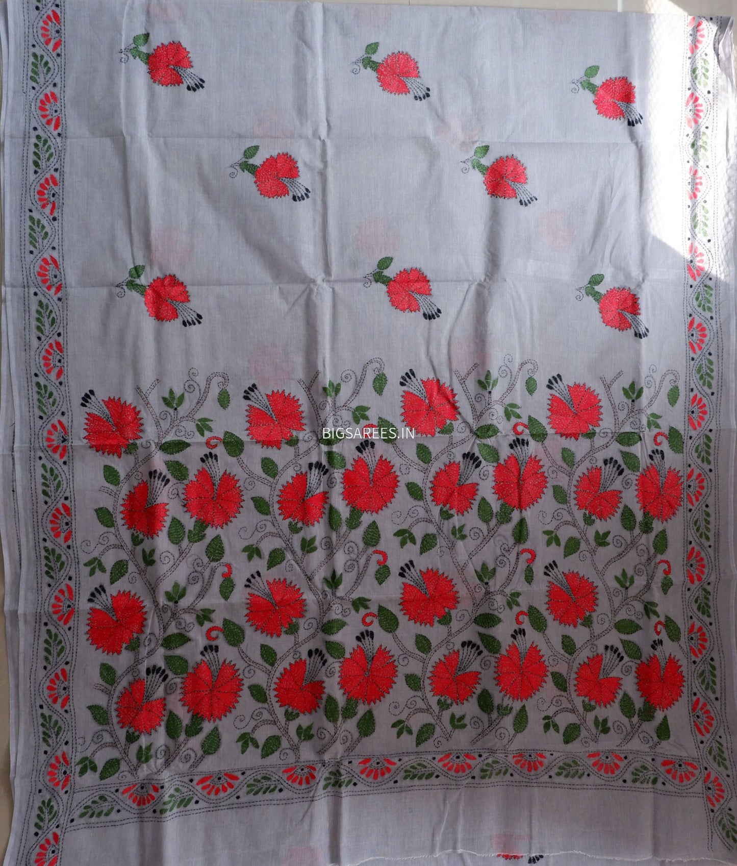 Kantha Stitch Hand-Embroidered Saree | Dhonekhali Cotton | Grey