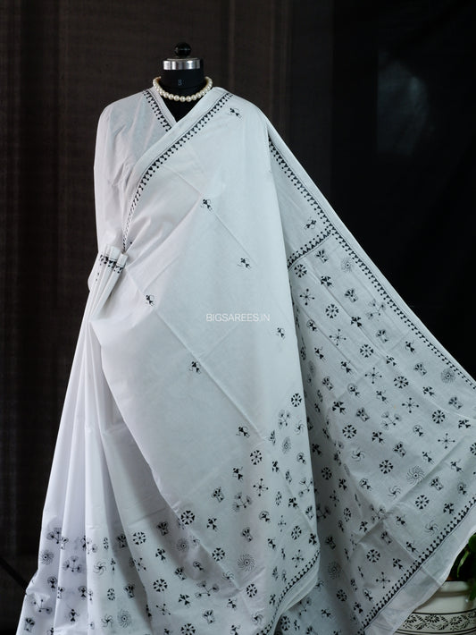 Kantha Stitch Hand Embroidered Saree | Mal Mal Cotton |  White