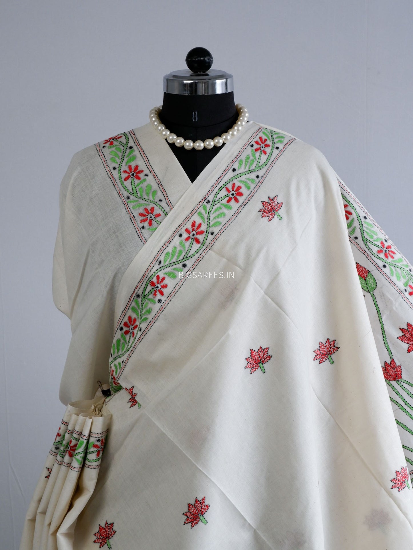 Kantha Hand-Embroidered Saree | Pure Khadi Cotton | White