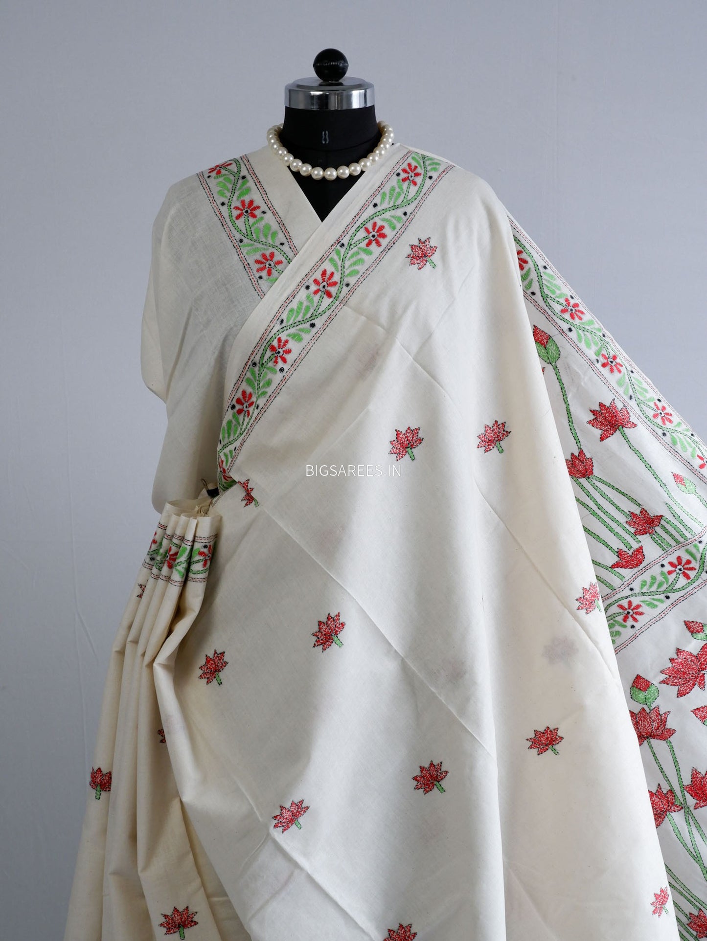 Kantha Hand-Embroidered Saree | Pure Khadi Cotton | White
