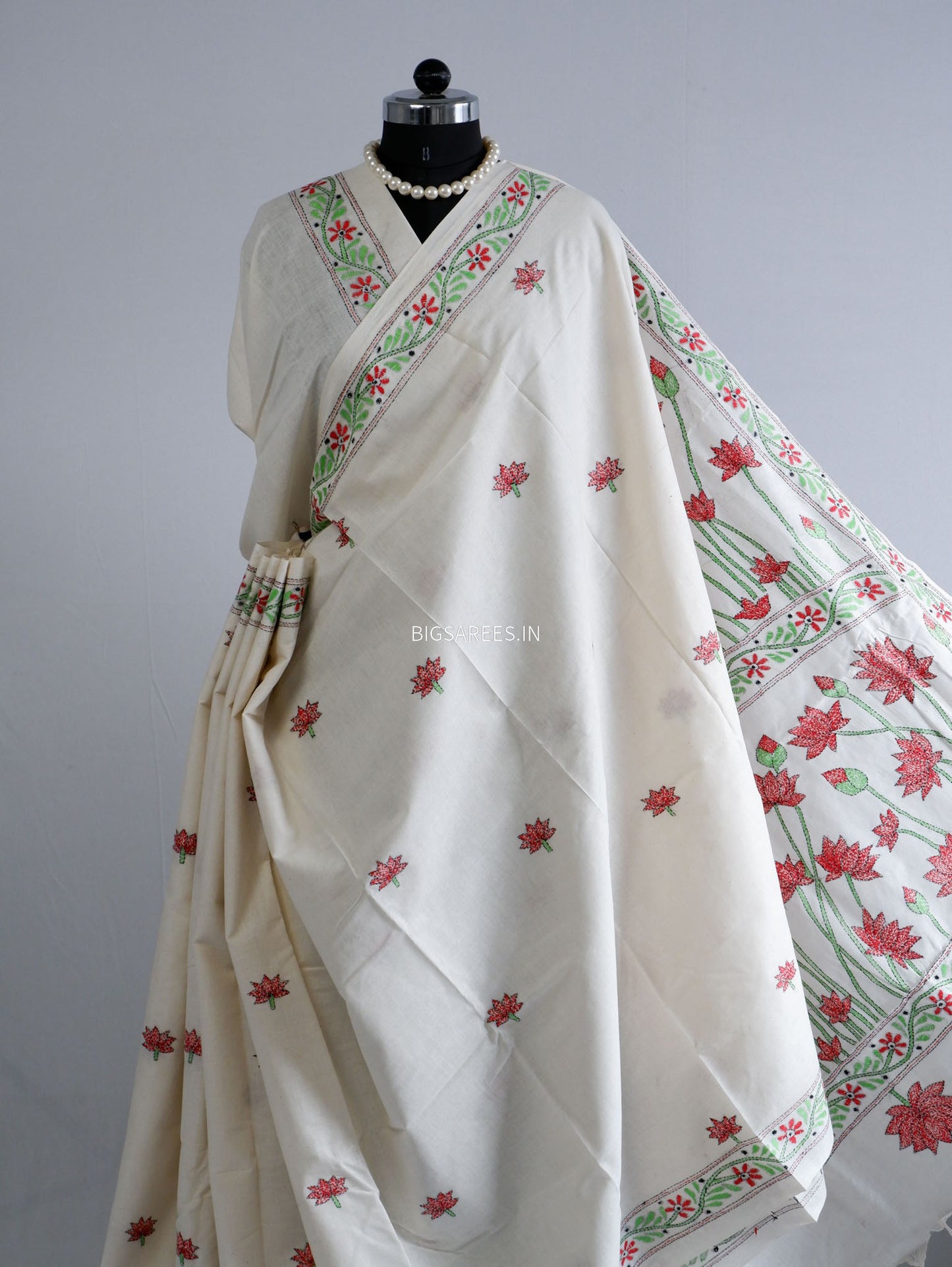 Kantha Hand-Embroidered Saree | Pure Khadi Cotton | White