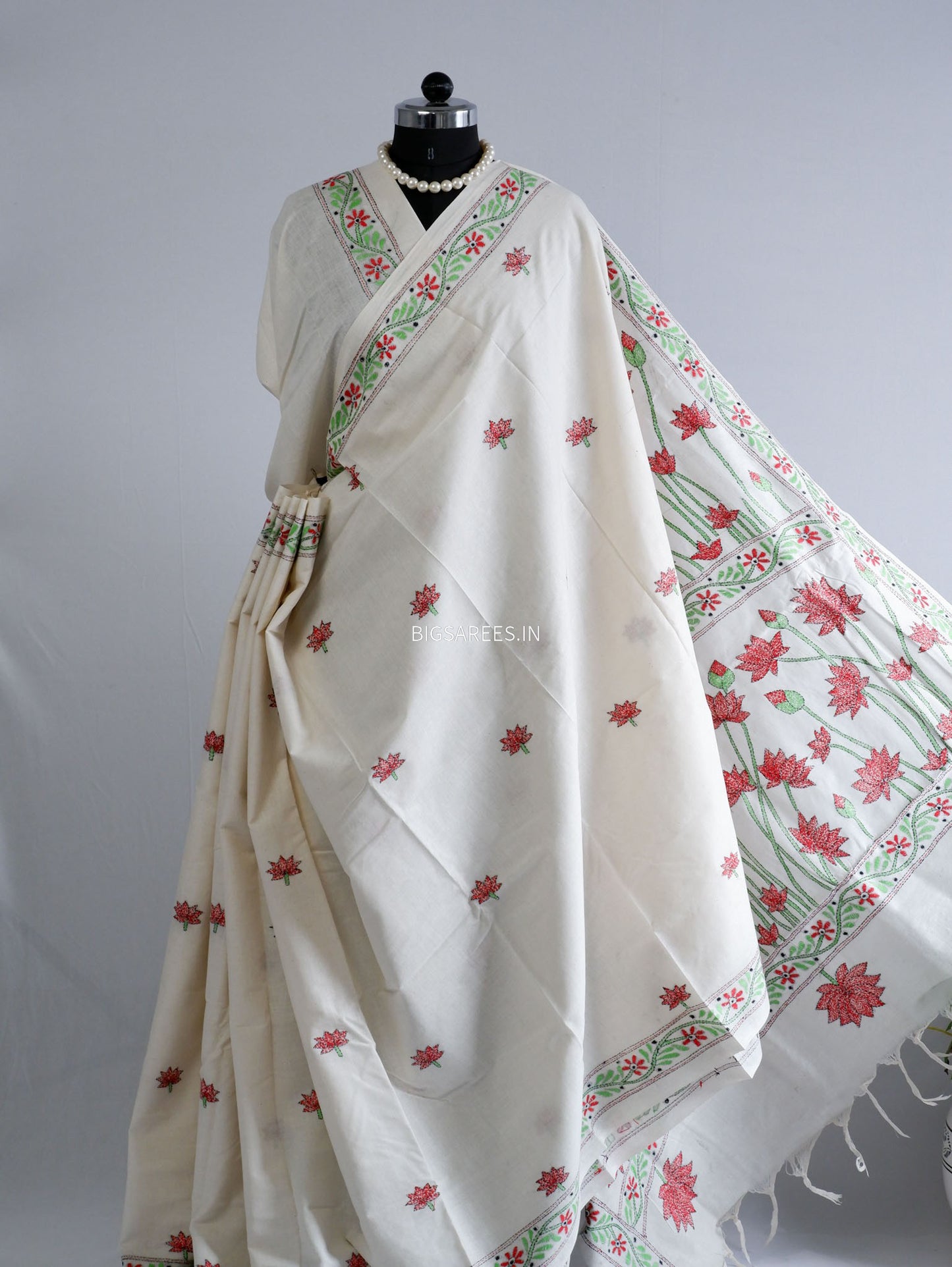 Kantha Hand-Embroidered Saree | Pure Khadi Cotton | White
