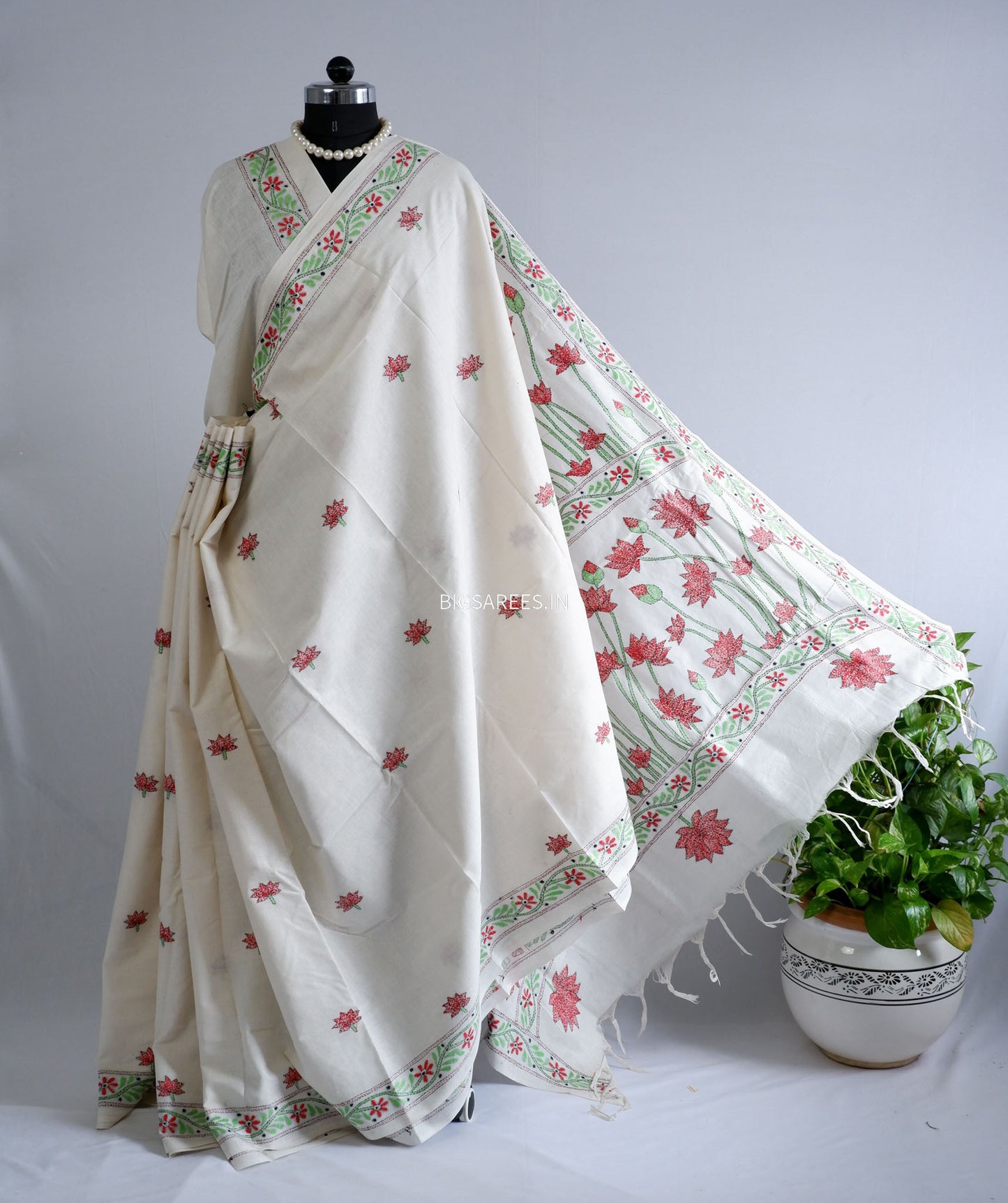 Kantha Hand-Embroidered Saree | Pure Khadi Cotton | White