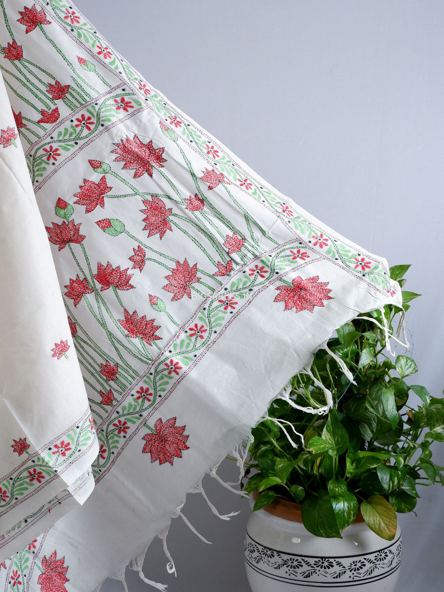 Kantha Hand-Embroidered Saree | Pure Khadi Cotton | White