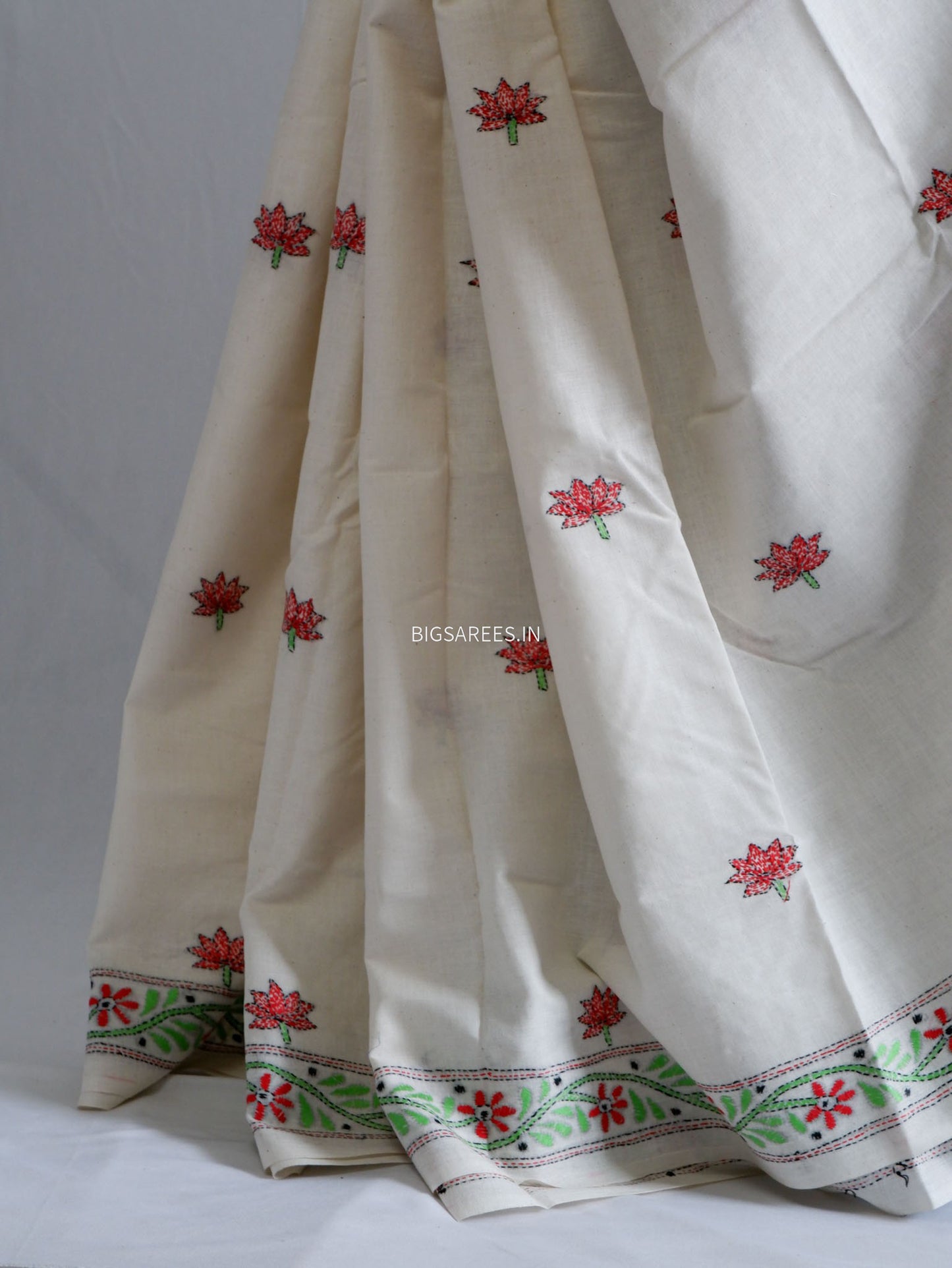Kantha Hand-Embroidered Saree | Pure Khadi Cotton | White