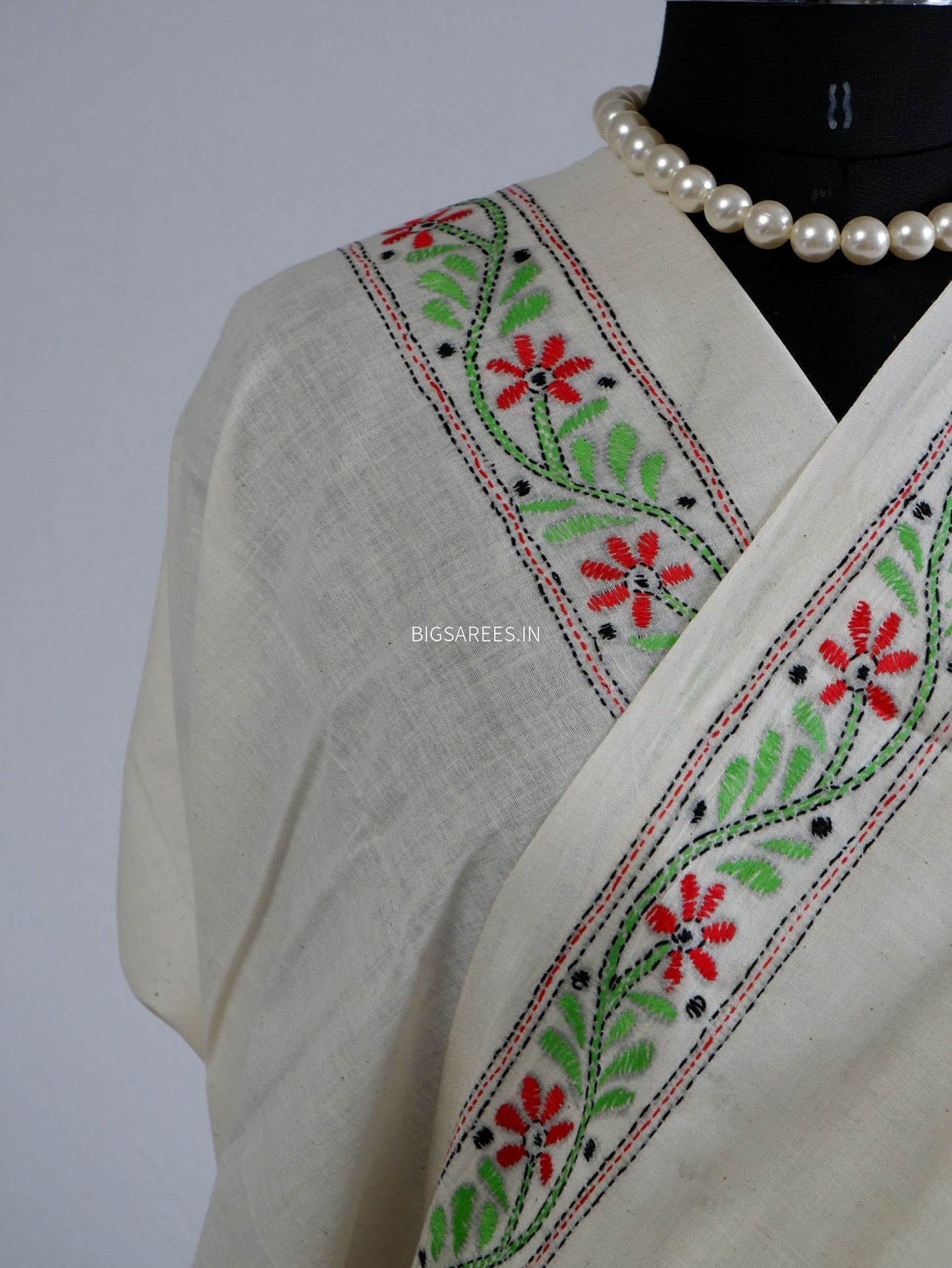 Kantha Hand-Embroidered Saree | Pure Khadi Cotton | White