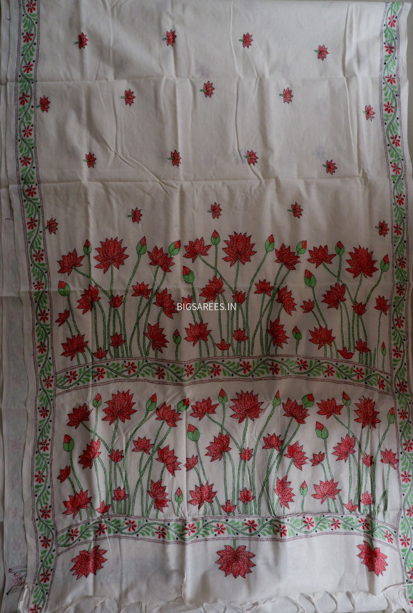 Kantha Hand-Embroidered Saree | Pure Khadi Cotton | White