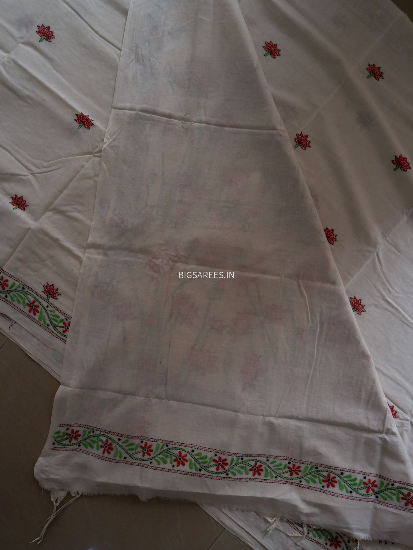 Kantha Hand-Embroidered Saree | Pure Khadi Cotton | White