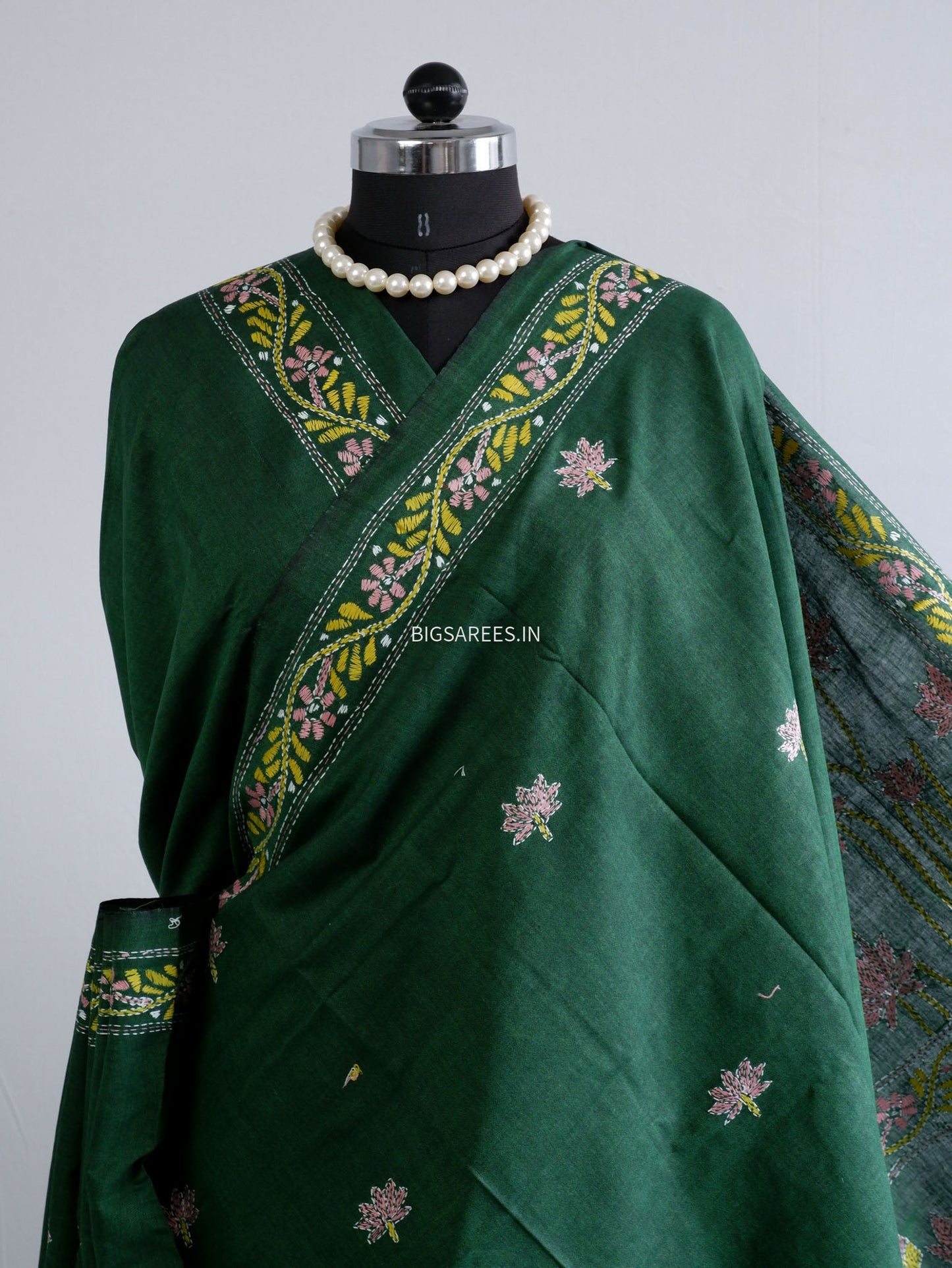 Kantha Hand-Embroidered Saree | Pure Khadi Cotton | Green