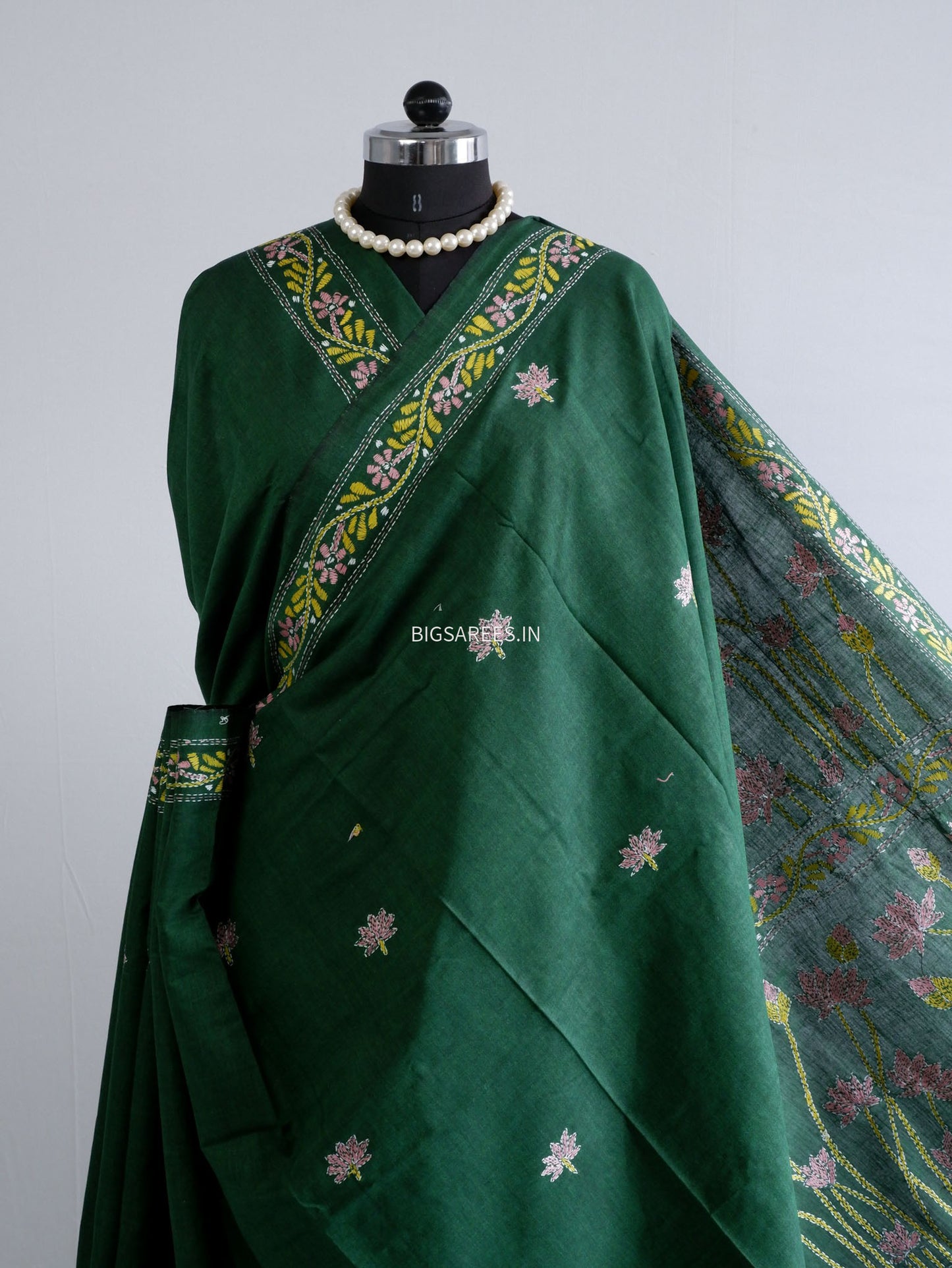 Kantha Hand-Embroidered Saree | Pure Khadi Cotton | Green