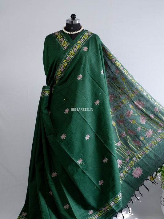 Kantha Hand-Embroidered Saree | Pure Khadi Cotton | Green