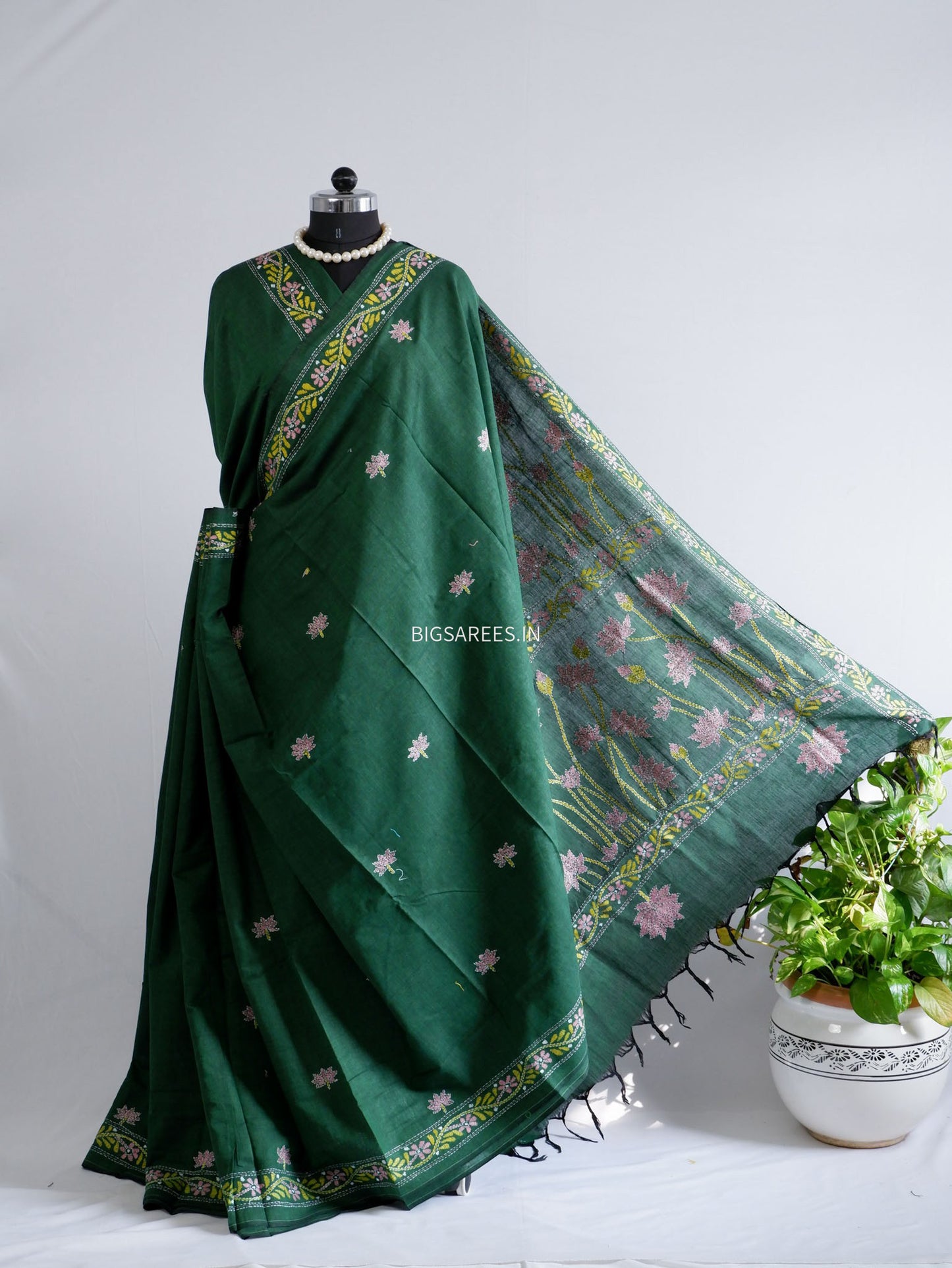 Kantha Hand-Embroidered Saree | Pure Khadi Cotton | Green