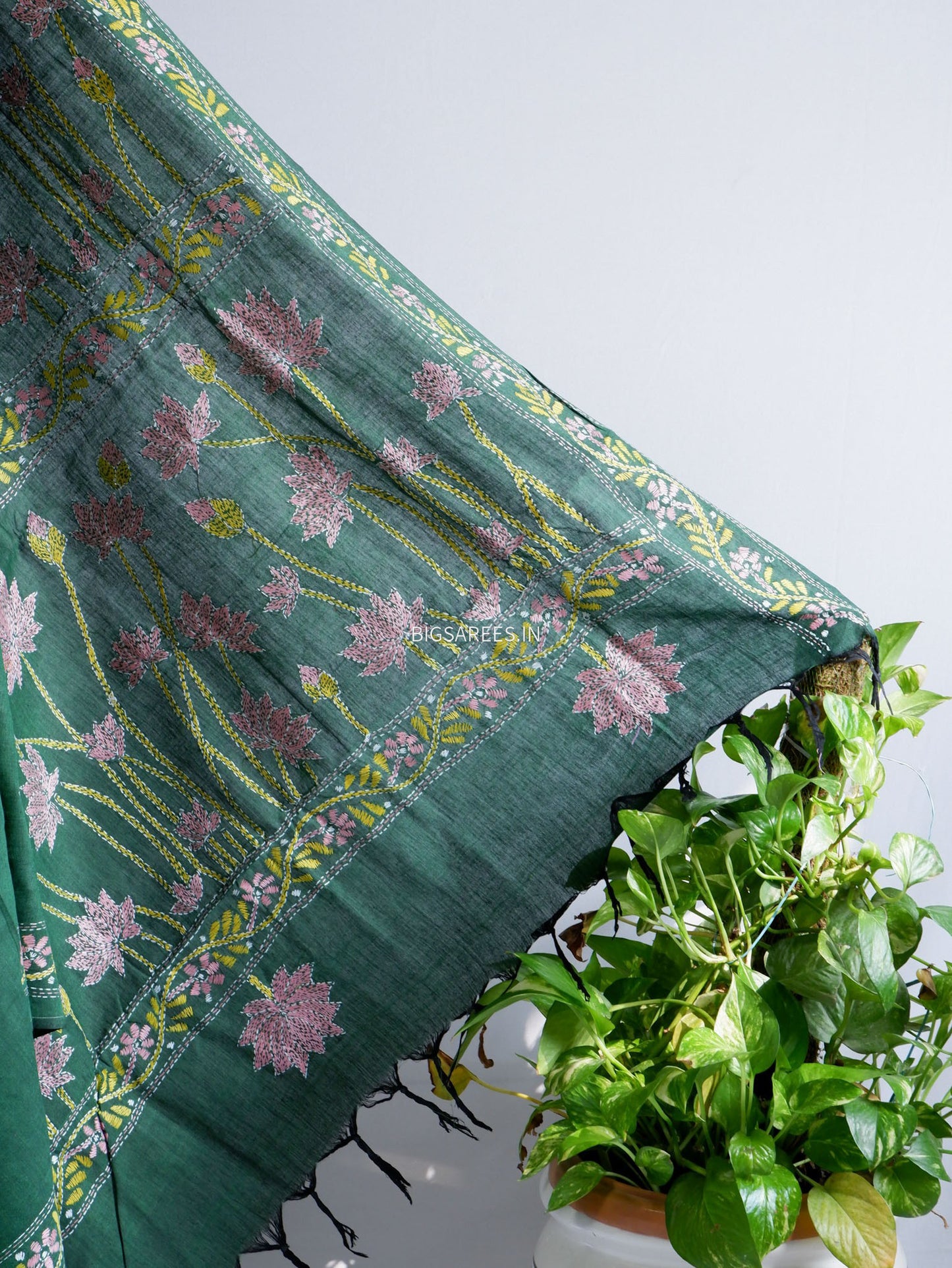 Kantha Hand-Embroidered Saree | Pure Khadi Cotton | Green